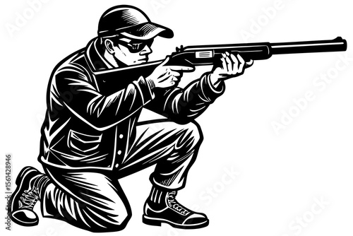 Hunter Kneeling and Aiming a Shotgun, Vector Illustration in Black and White