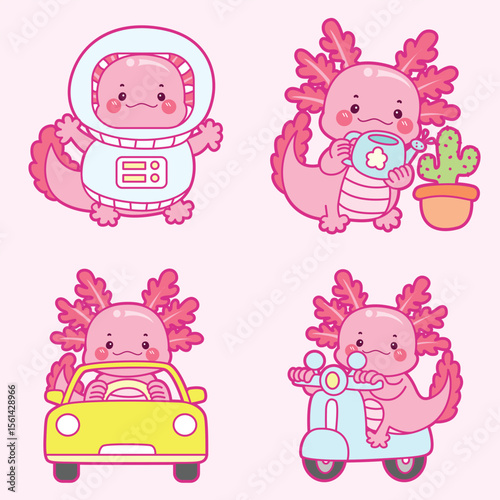 Four pink axolotl illustrations on a pink background