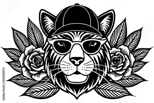 Cool Tiger with Sunglasses and Cap Surrounded by Roses in Black and White