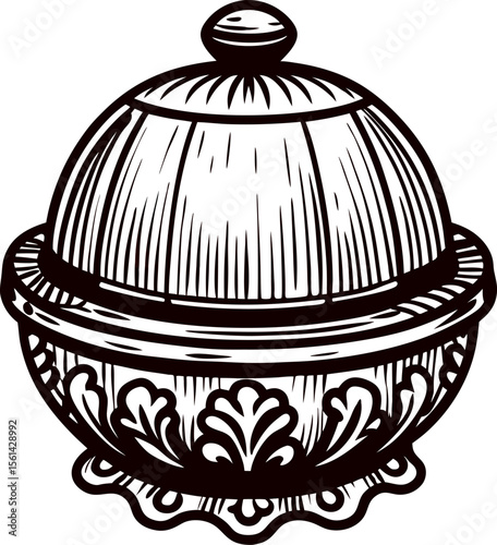 Vintage engraved decorative covered bowl with dome lid and ornate floral detailing illustration