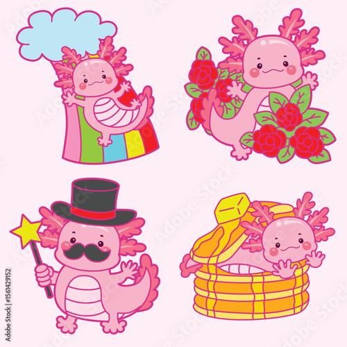 Four pink axolotl illustrations with diverse themes on a light pink background