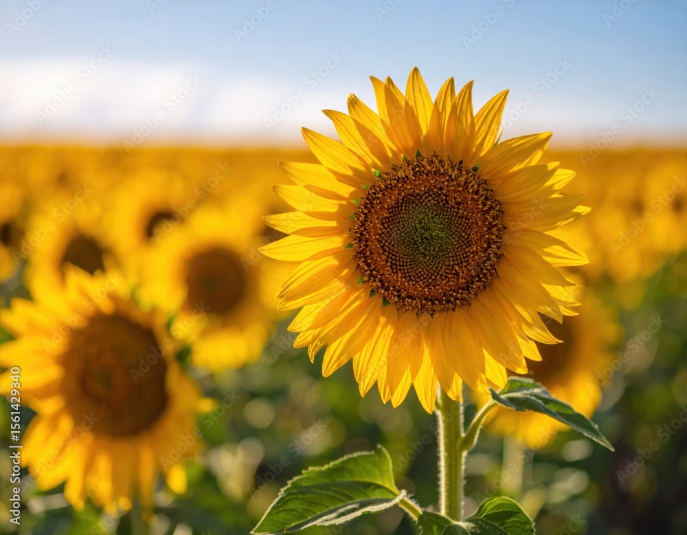 Fototapeta premium Close-up photo of sunflower fields and blue sky,ひまわり畑と青空のクローズアップ写真