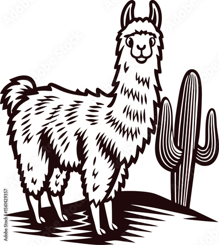 Hand drawn illustration of llama standing by cactus in desert landscape monochrome vintage engraved