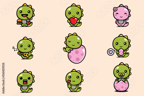Nine cartoon dinosaur characters are arranged in a grid on a light peach background