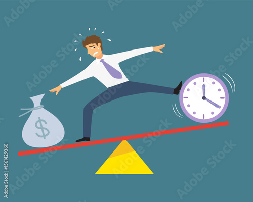 A businessman tries to balance time and money. Illustration Vector Cartoon.