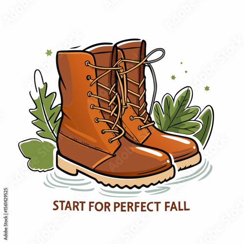 Brown Leather Boots for Start of Fall Amidst Green Foliage for Fashion Blogs, Seasonal Style Websites, Autumn Apparel Marketing, and Outdoor Activities  
