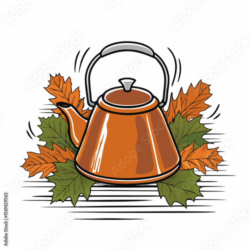 Copper Teapot Surrounded by Autumn Leaves Symbolizing the Start of Fall for Seasonal Decor, Blogs, Recipes, and Nature Awareness Content  