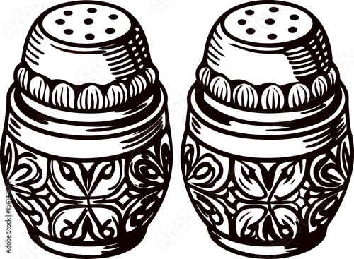 Hand drawn vintage salt and pepper shakers with floral decorative pattern isolated on white background