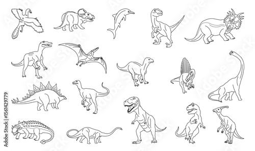 Outlined drawing of various dinosaurs including Tyrannosaurus Rex Stegosaurus Triceratops and others