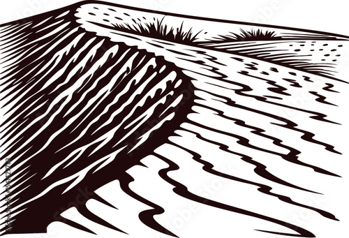 Wind shaped sand dunes with textured surface and sparse grass in black and white engraved illustration