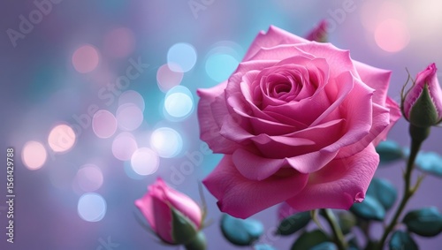 A vibrant pink rose with soft bokeh background.