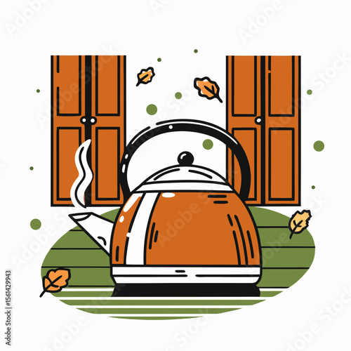 Vibrant Tea Kettle Signifying the Start of Fall with Autumn Leaves and Doorway Background for Lifestyle Blogs, Seasonal Recipes, Home Decor Websites, and Wellness Articles  