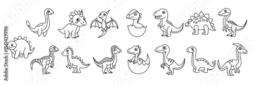 Black  and white line art of many cute dinosaurs in various poses