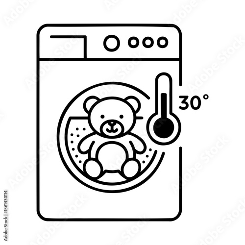 Washing toy bear in machine at 30 degrees icon for care instructions in minimalistic style 