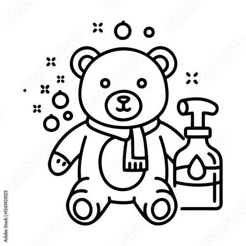 Hand cleaning toy bear with soap icon for care instructions in minimalistic style 