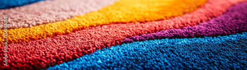 Close up vibrant textured rug surface with colorful curved stripes patterns in yellow red purple blue and beige fibers detail for interior decor inspiration and design