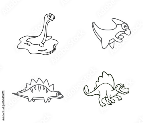 Cartoon dinosaurs plesiosaur in water parasaurolophus stegosaurus and dimetrodon