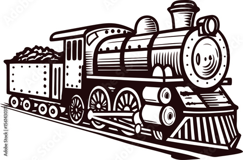 Vintage engraved illustration of a classic steam locomotive engine with coal wagon in retro