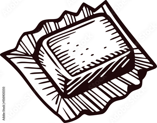 Hand drawn illustration of unwrapped butter block on parchment paper in vintage engraved