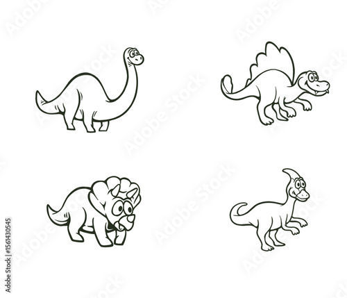 Four cartoon dinosaurs are drawn with outlines on a white background