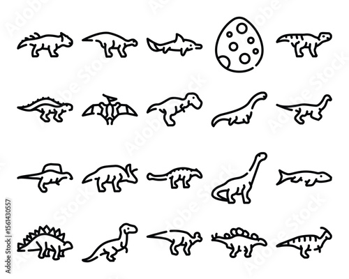 Line art depicts an assortment of dinosaurs and a dinosaur egg on a white background