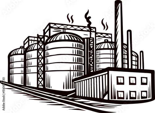 Industrial refinery plant with storage tanks and smokestacks, monochrome hand drawn illustration