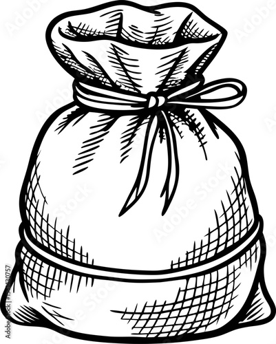 Hand drawn burlap sack with rope vintage engraved money bag illustration isolated on white background