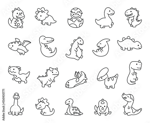 Line art shows 20 cute simple dinosaur illustrations in various poses on a white background