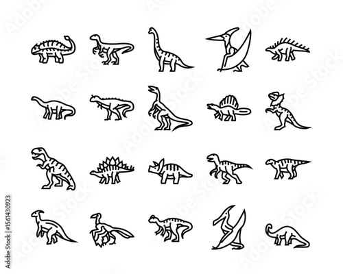 Line drawings of diverse dinosaurs arranged in neat rows on a white background