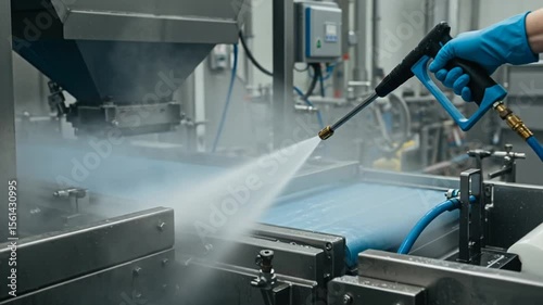Worker Using High Pressure Water Spray Cleaning Industrial Conveyor Belt System In Factory
