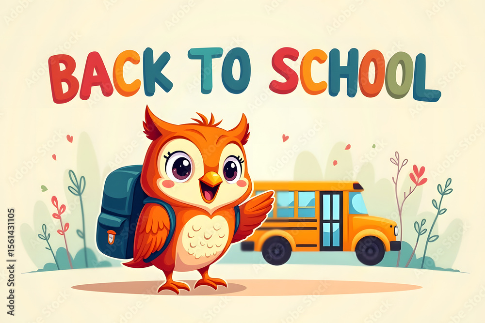 Fototapeta premium A schoolboy owl with a blue backpack on his back, standing in front of a school bus