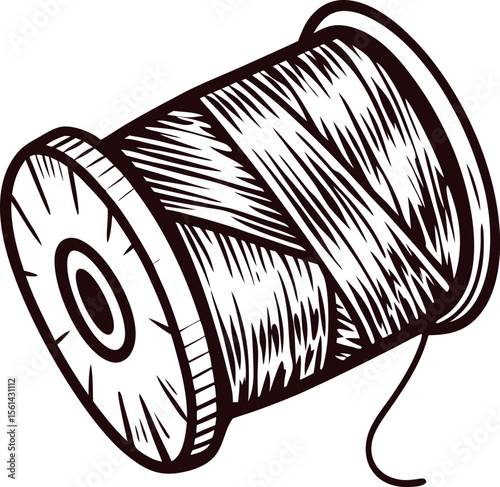 Vintage engraved spool of thread isolated on white background hand drawn sewing illustration for tailoring and crafting