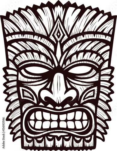 Hand drawn traditional tribal tiki mask with engraved detail lines and fierce expression