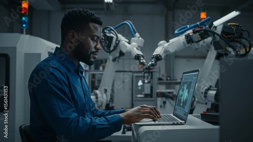 Man Working On Laptop In Industrial Setting With Robotic Arms And Blue Shirt