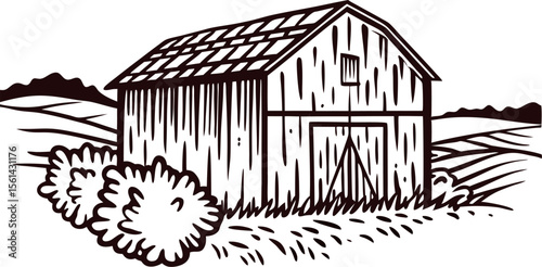 Rustic wooden barn with overgrown bushes and distant fields, hand drawn vintage illustration