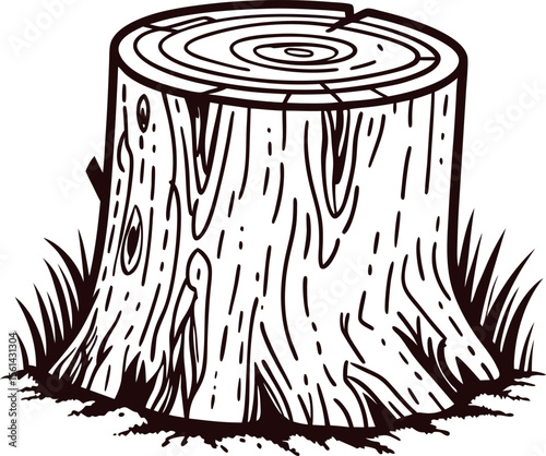 Hand drawn tree stump illustration with textured bark and growth rings in vintage engraving