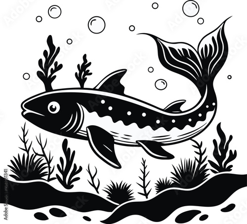 Underwater Scene With Catfish Swimming Only Line