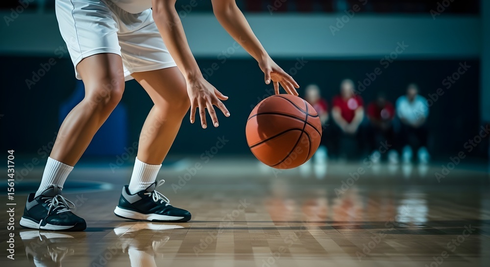 Naklejka premium Basketball Player Dribbling on Court: Dynamic Action Shot & Sports Training