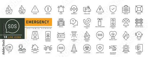 Minimalist Emergency line icons set with editable stroke, featuring danger, warning, coution, emergency response, 911, paramedic, accident, alert, safety, sos, cone, fire. thin linear illustration.
