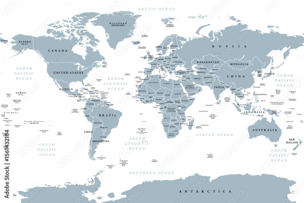 Fototapeta premium The world, gray political map with international country borders, continents, main oceans, and largest lakes, in a cylindrical projection. English labeling. Isolated illustration over white. Vector