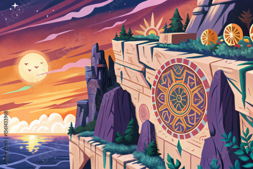 Sunlit cliffside featuring ancient ritual symbols carved into weathered stone, bathed in golden light, suggesting a mysterious sacred site or forgotten ceremonial landmark