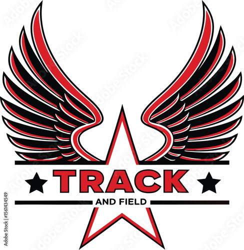 Dynamic red and black wings logo with stars and the text track and field symbolizing speed power and athletic achievement isolated on transparent background
