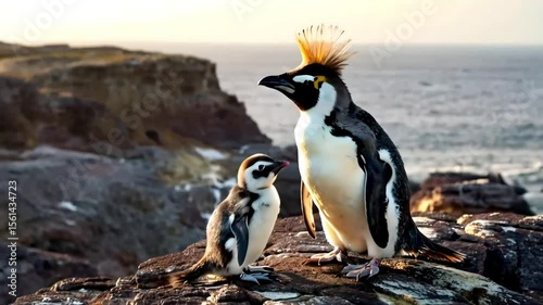 The southern rockhopper penguin (Eudyptes chrysocome) feeding her chick, the sub-Antarctic islands of Diego Ramirez, Patagonia marine protected areas
