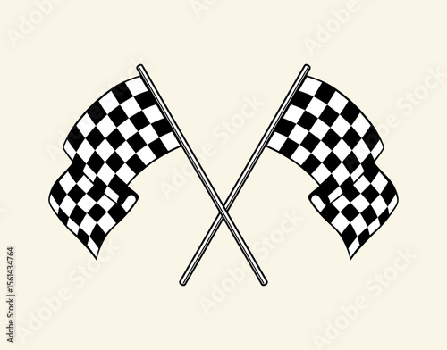Two crossed checkered flags, flag vector, racing icon, black white flag, race theme, race graphics, crossed checkers. two crossed black-and-white checkered flags, symbolizing a race finish on a beige 
