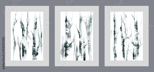 Trunks of birch trees growing in dense thicket of natural park, on watercolor monochrome posters. Forest with birch trees with fallen leaves after onset of winter weather and cold snap