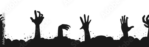 Zombie hand border, monster hand halloween silhouette rising arms. Halloween silhouette with clawed monster hands, ghostly figures, and evil shadows for scary vector banners and nightmarish scenes.