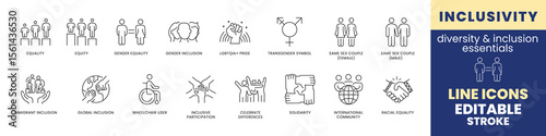 Inclusivity Icons: A comprehensive collection of line icons representing various facets of inclusivity, diversity, and equality. Featuring symbolic representations of various inclusion concepts. 