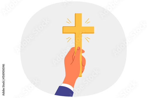 Golden christian crucifix in hands of man, inviting to accept catholicism and attend church for prayers. Sacred religious relic symbolizes faith in god and covenants from bible or gospel