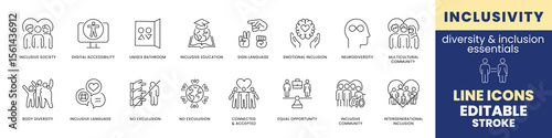 Inclusivity Icons: A comprehensive collection of line icons representing various facets of inclusivity, diversity, and equality. Featuring symbolic representations of various inclusion concepts. 
