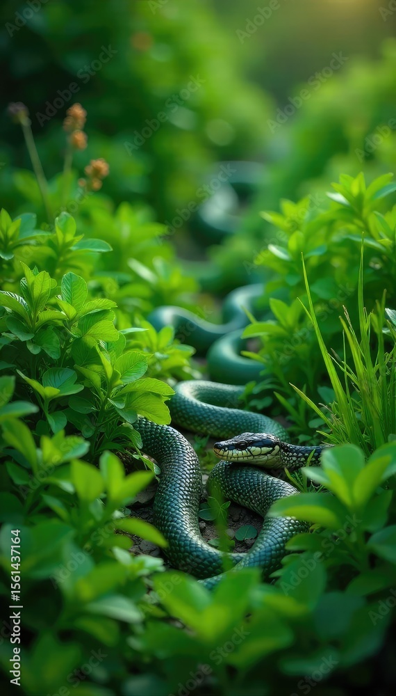 Obraz premium A lush green meadow, deceptively serene, conceals a network of subtly interwoven, slumbering snakes, representing the duality of peaceful appearances masking hidden truths , harmony, secret, untamed